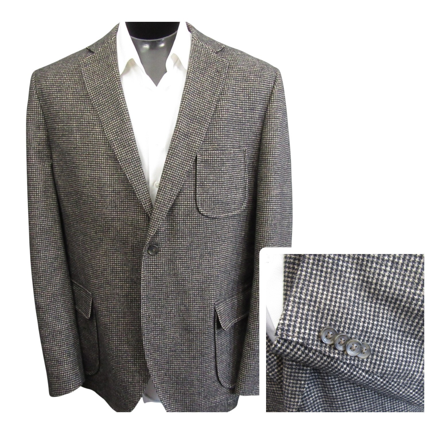 Kroon Tweed Sport Coat 46l 2 Button Brown Houndstooth Unstructured Double Vent